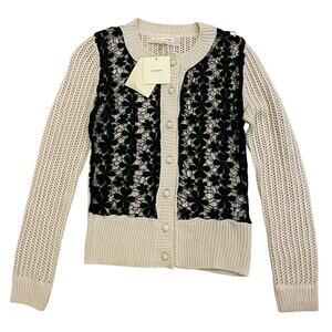 A’reve NWT Lace Overlay Cardigan | Cream Knit w/ Black Crochet Lace, Size Small